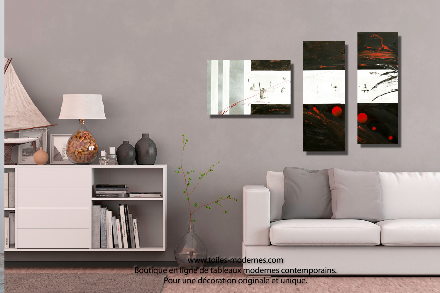 Tableau dessin graphique noir blanc triptyque abstrait panoramique ...