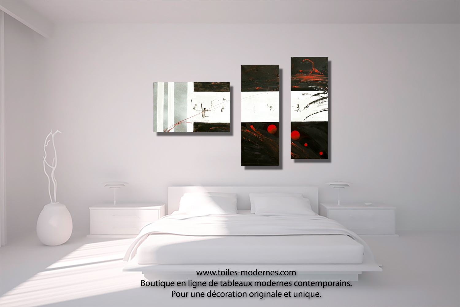 Tableau dessin graphique noir blanc triptyque abstrait panoramique ...