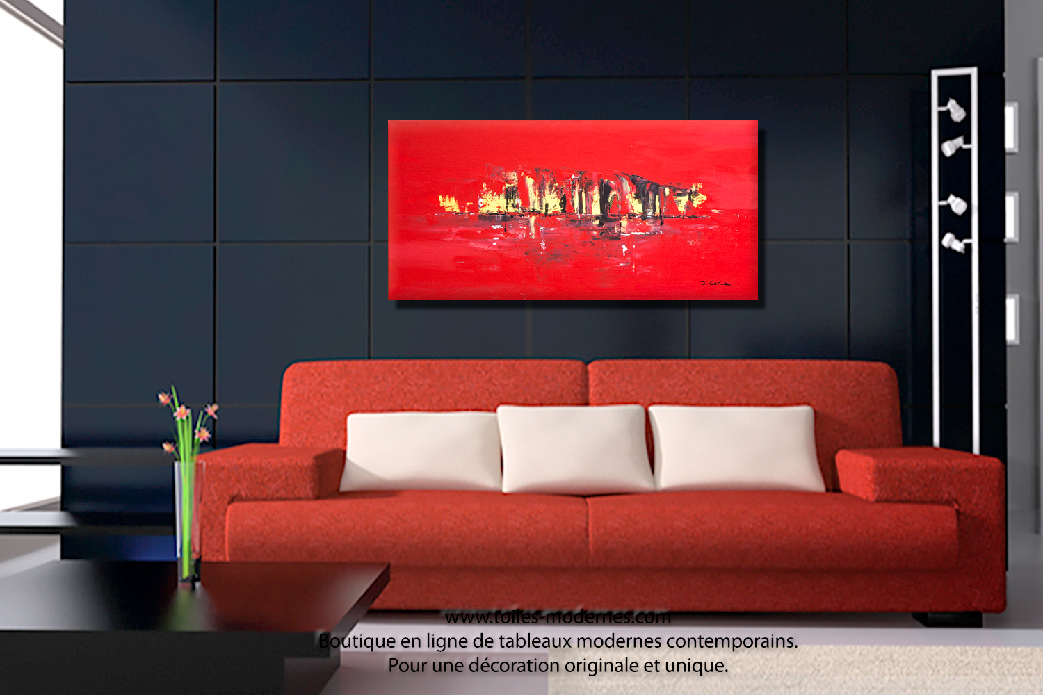 Tableau mer contemporain rouge format panoramique grandes ...