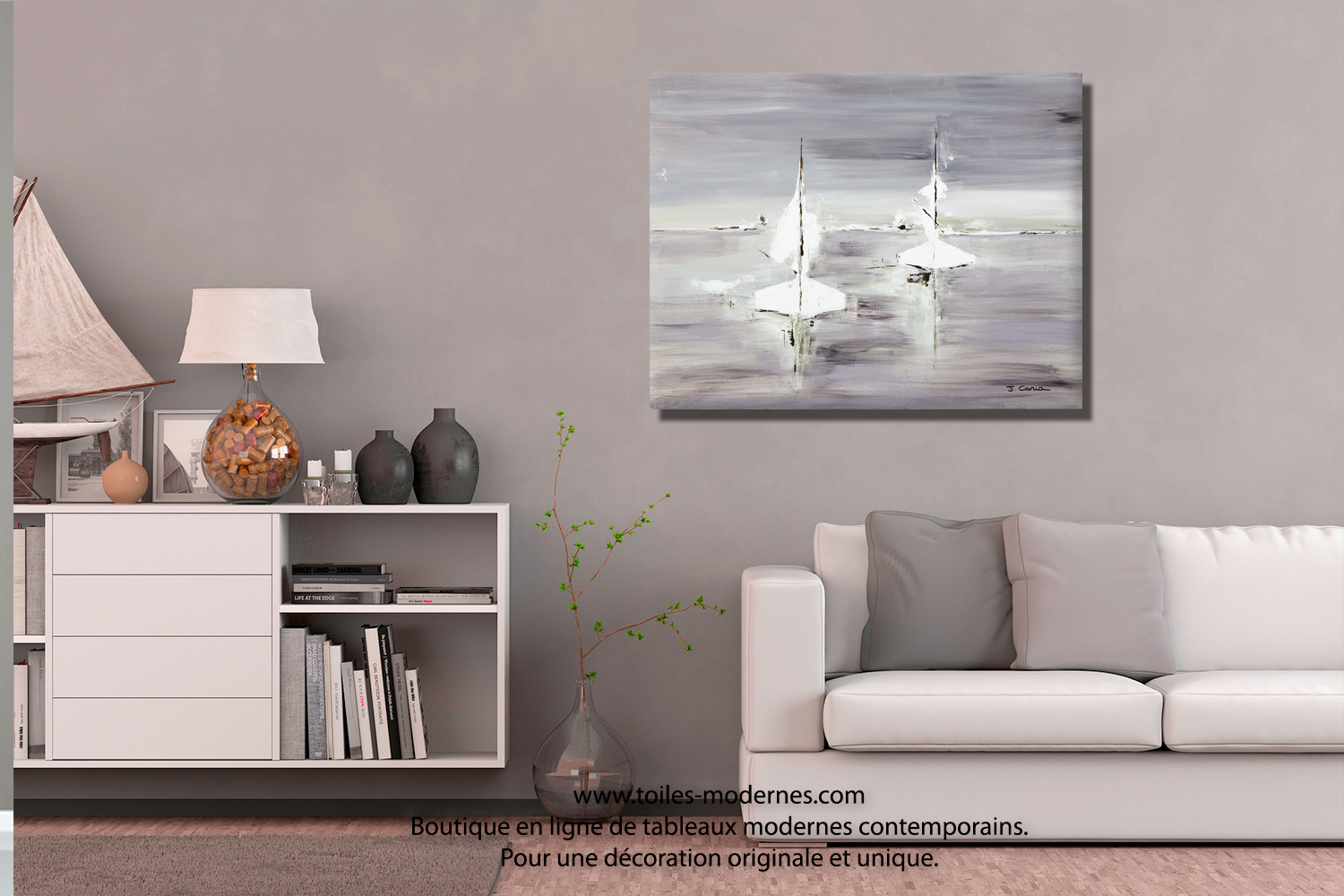Tableau gris voyage en mer grand format rectangle