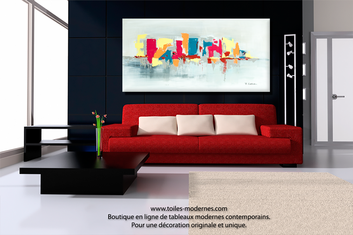 Tableau fuchsia gris déco design grande toile rectangle décoration ...