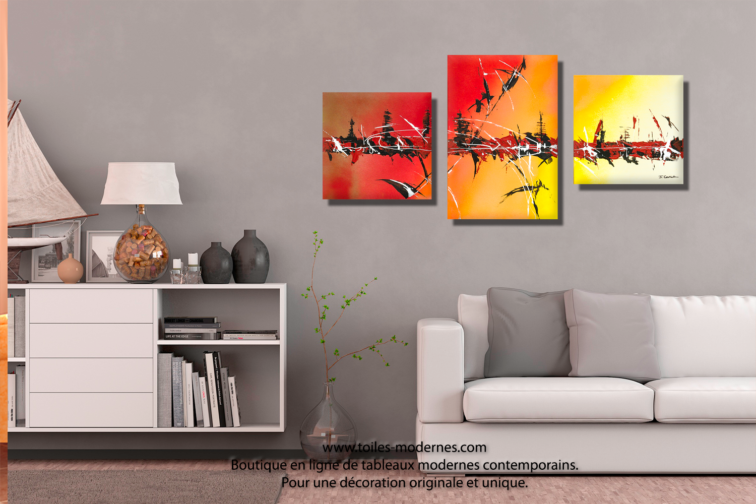 Tableau triptyque décoration noire jaune collection inédite ...