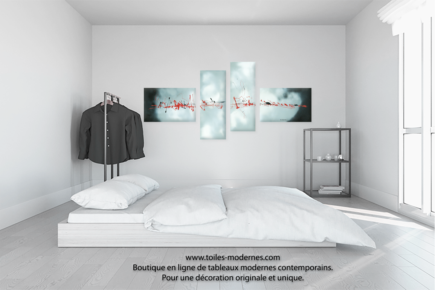 Tableau gris blanc quadriptyque evasion célestre grand format ...