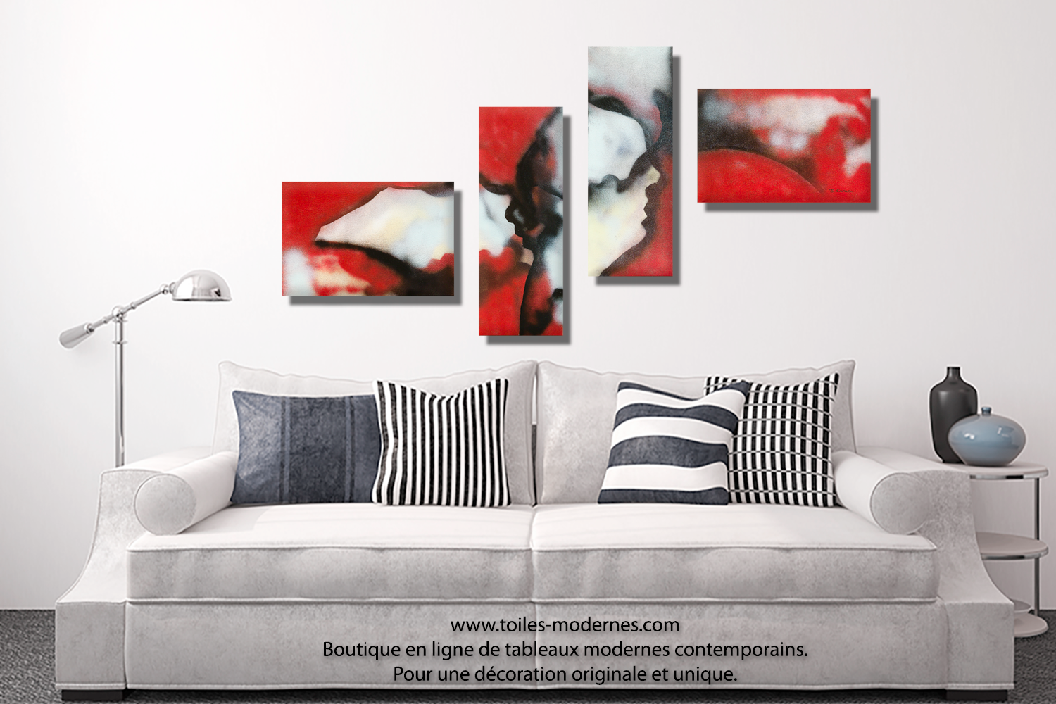 Tableau rouge et noir quadriptyque abstrait Visages du ...