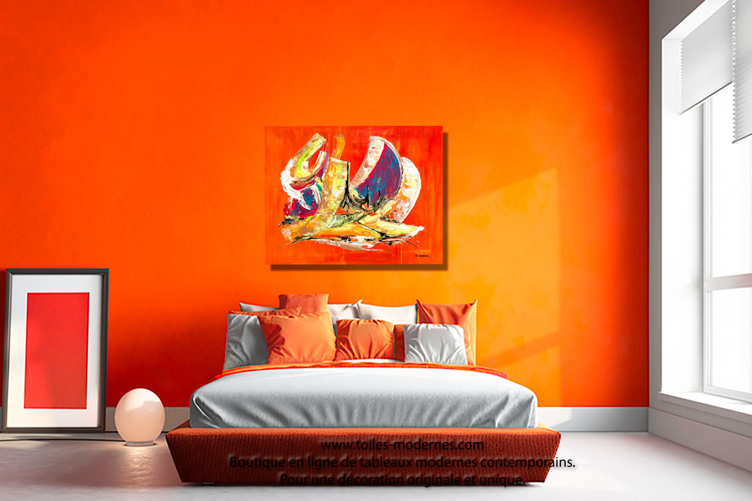 Tableau Orange Abstrait Format Horizontal Pour Decoration Murale Coloree Tendance