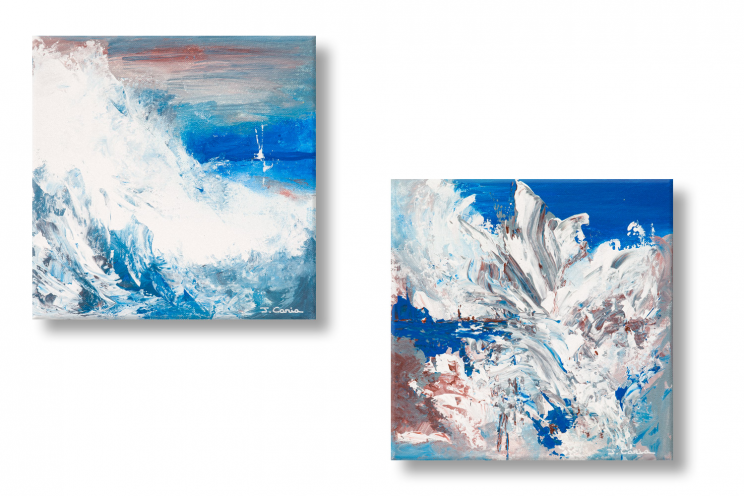 Tableaux diptyque bleu gris abstrait Entre deux mers