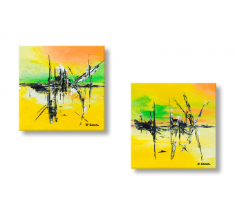 Tableaux diptyque jaune vert abstrait Coucher du soleil