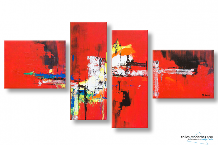 Tableau quadriptyque rouge et noir abstrait Une ville flamboyante