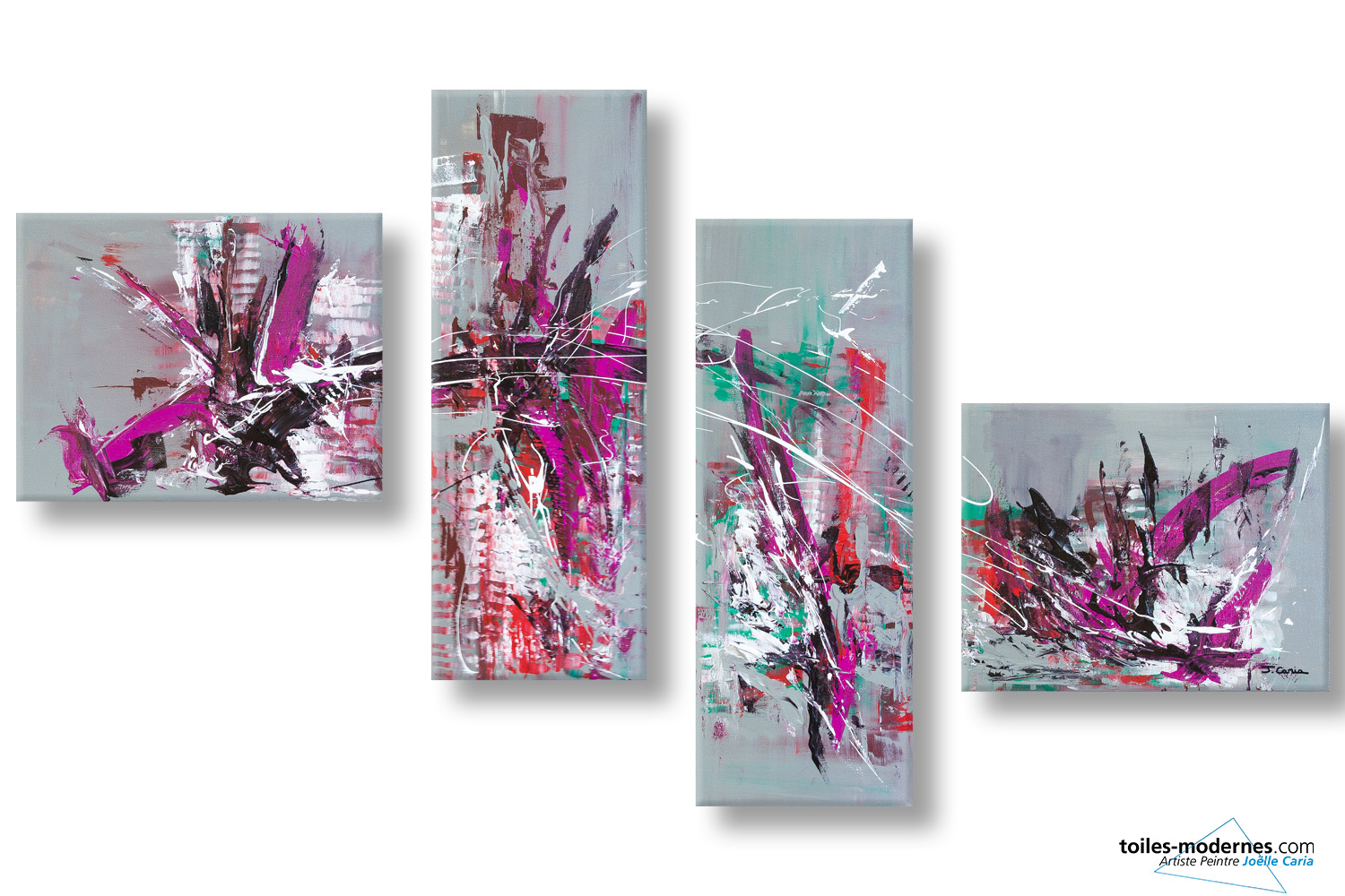 Grand Tableau Déco Moderne 4 Parties - Toile Abstraite Contemporaine 160 X 70 Cm