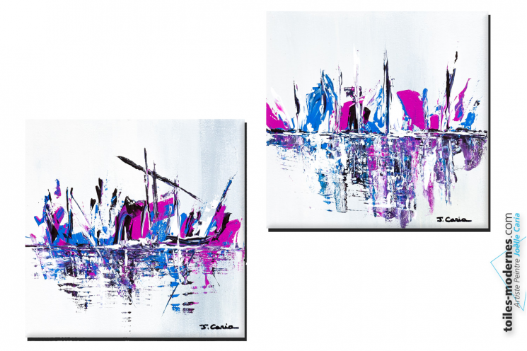 Tableaux gris fuschia bleu abstrait Au départ de la course diptyque contemporain