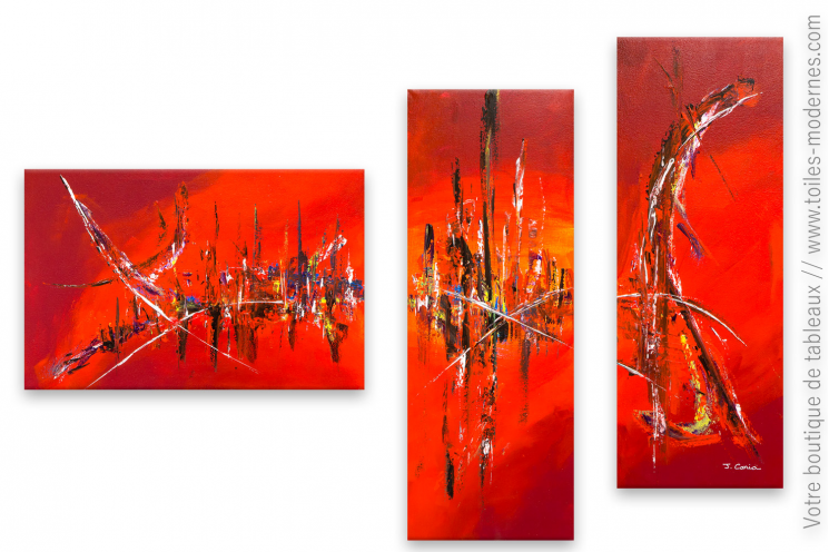 Tableau rouge triptyque contemporain Forte chaleur