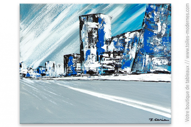 Objet déco  gris et bleu avec un tableau moderne : La ville bleue