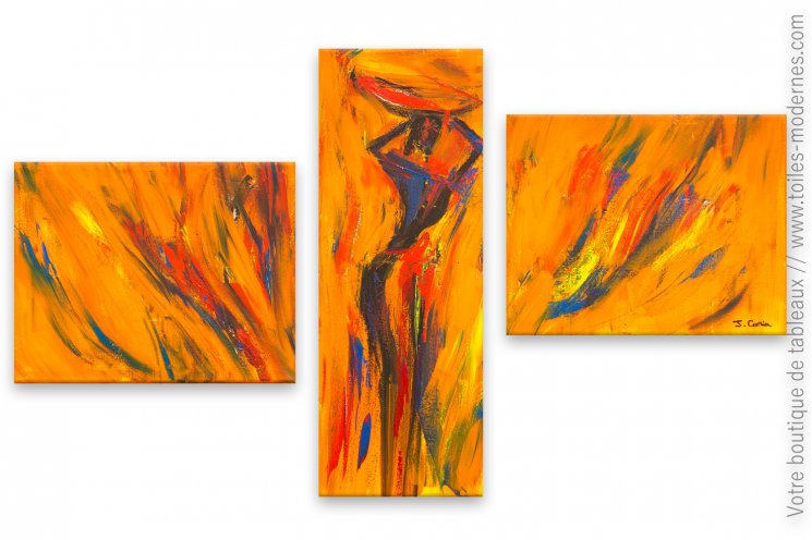 Tableau thème l'Afrique triptyque orange d'art  moderne