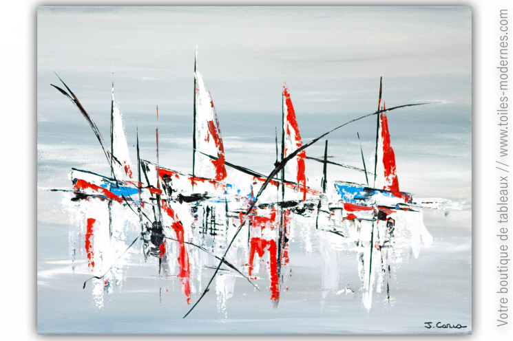 Déco marine gris et rouge avec un tableau moderne : Reg'art sur l'océan
