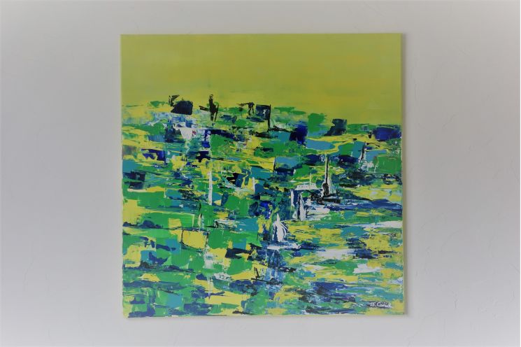 Déco en vert et bleu avec une toile contempoaine : Se pétrir d'un voyage