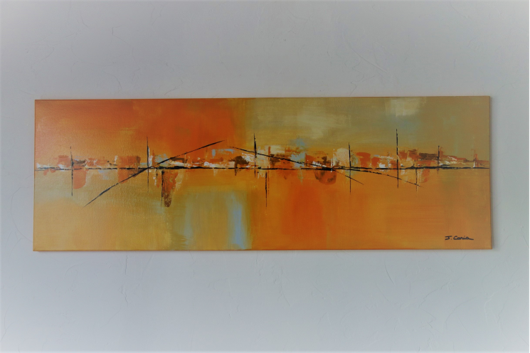 Peinture paysage urbain orange contemporain  : Ville paisible