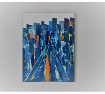 Tableau bleu abstrait : Une ville harmonieuse