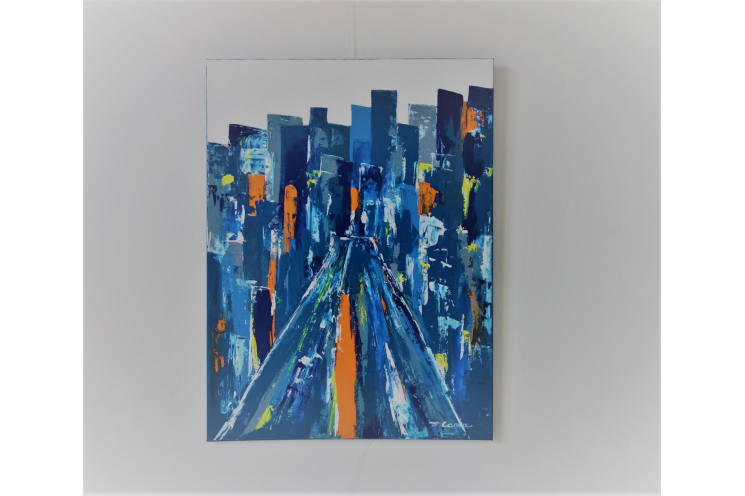 Tableau bleu contempotain thème urbain  : Une ville harmonieuse