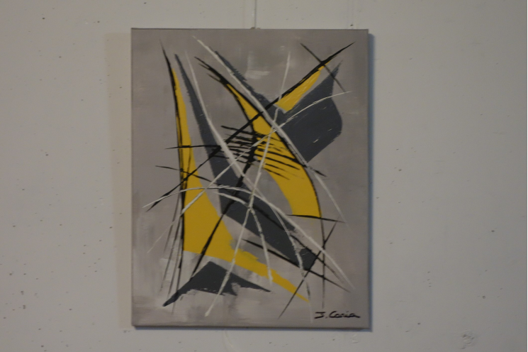 Peinture sur toile art moderne jaune et gris : Que la fête commence