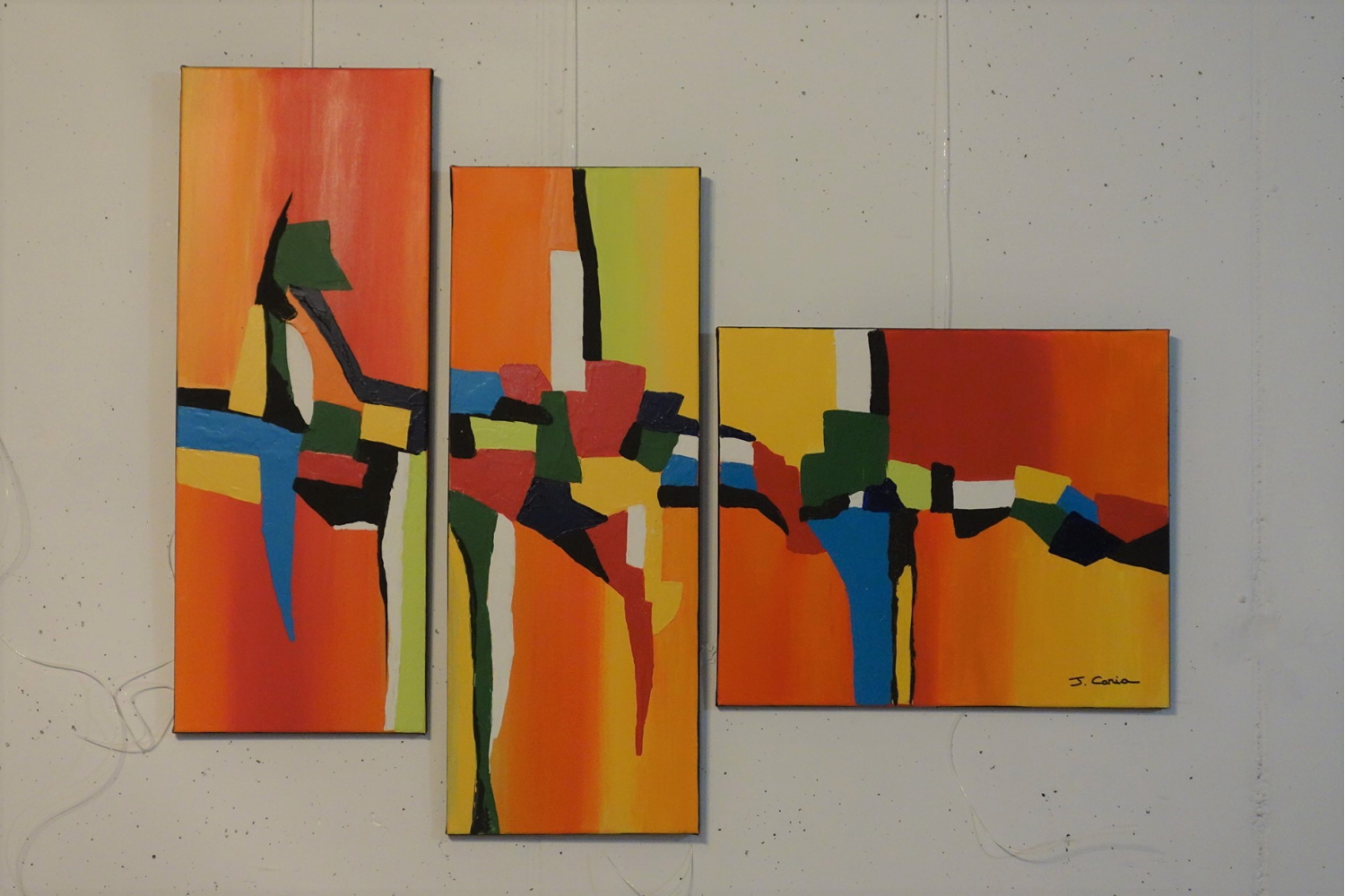 Tableau triptyque abstrait orange vert • Peintures sur toile