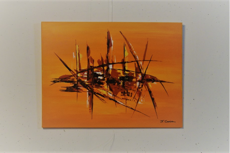 Peinture orange sur toile contemporaine : Grande course de voiliers