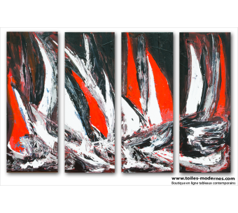 tableaux contemporains Voiliers en mer (quadriptyque noir rouge)