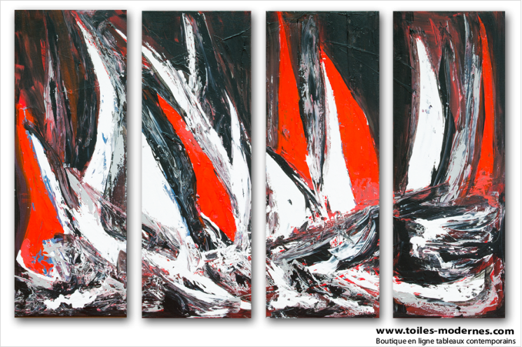 tableaux contemporains Voiliers en mer (quadriptyque noir rouge)