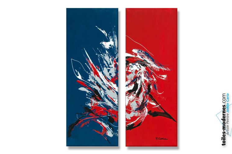 Tableau décoration moderne bleu et rouge, Grande peinture acrylique sur  toile